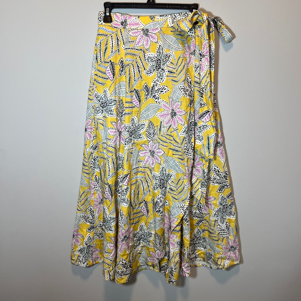 Marine Layer Yellow Tropical Floral Wrap Midi Skirt Women's Medium Pockets